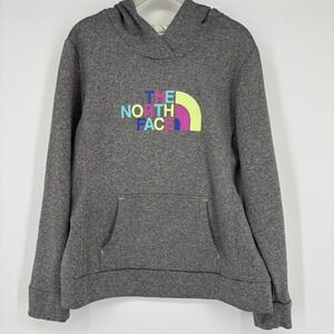 The North Face Heather Gray Hoodie Sz L Pastel Neon Logo Pullover Green Purple‎